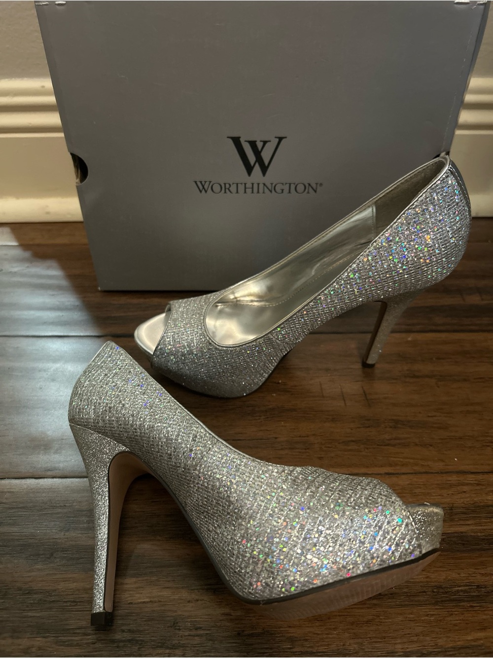 Worthington Silver Glitter Peep-Toe Platform Heels